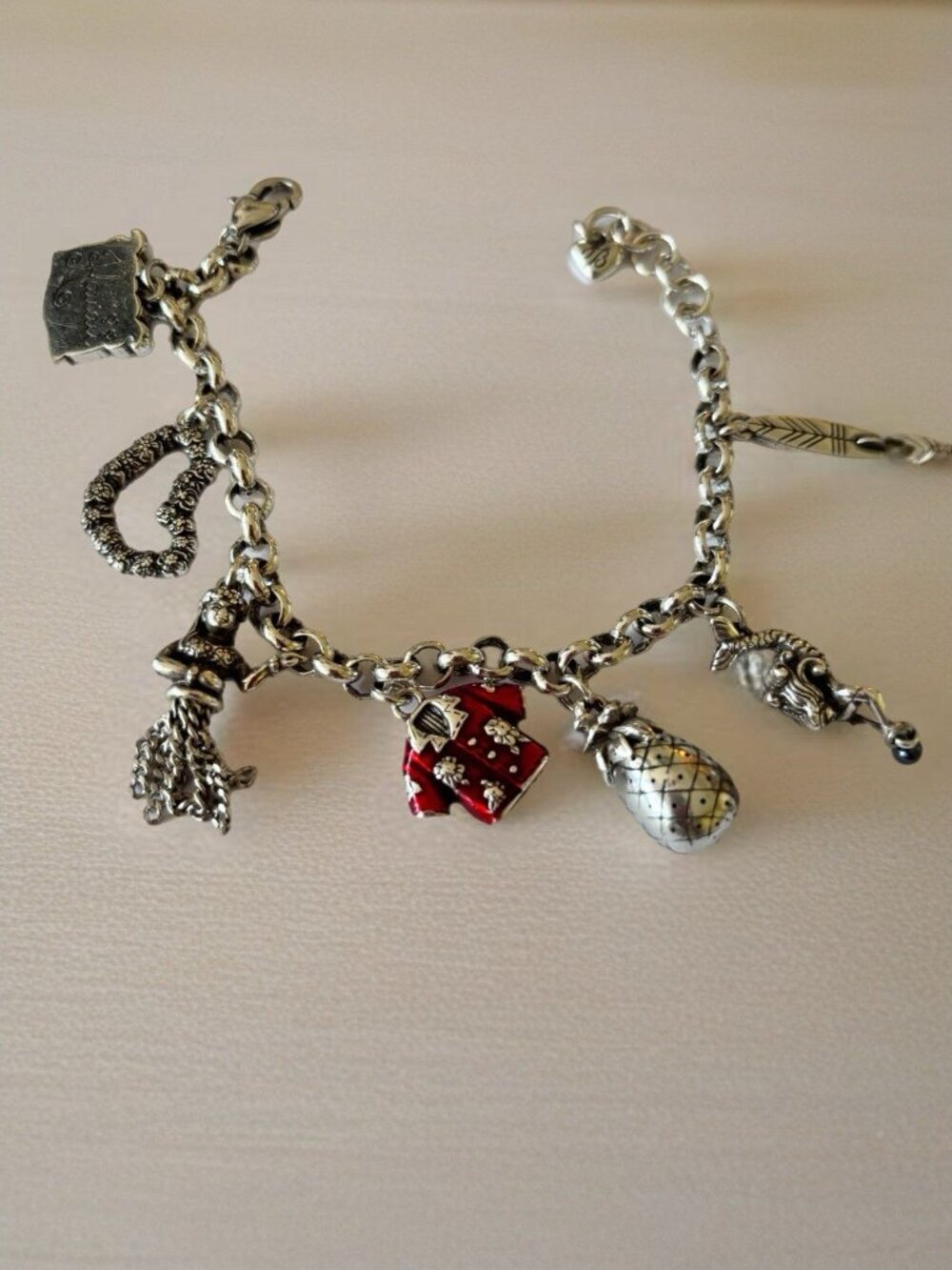 Brighton Hawaii Silver Tone Charm Bracelet Hula Pineapple Mermaid Surfboard 8.5”